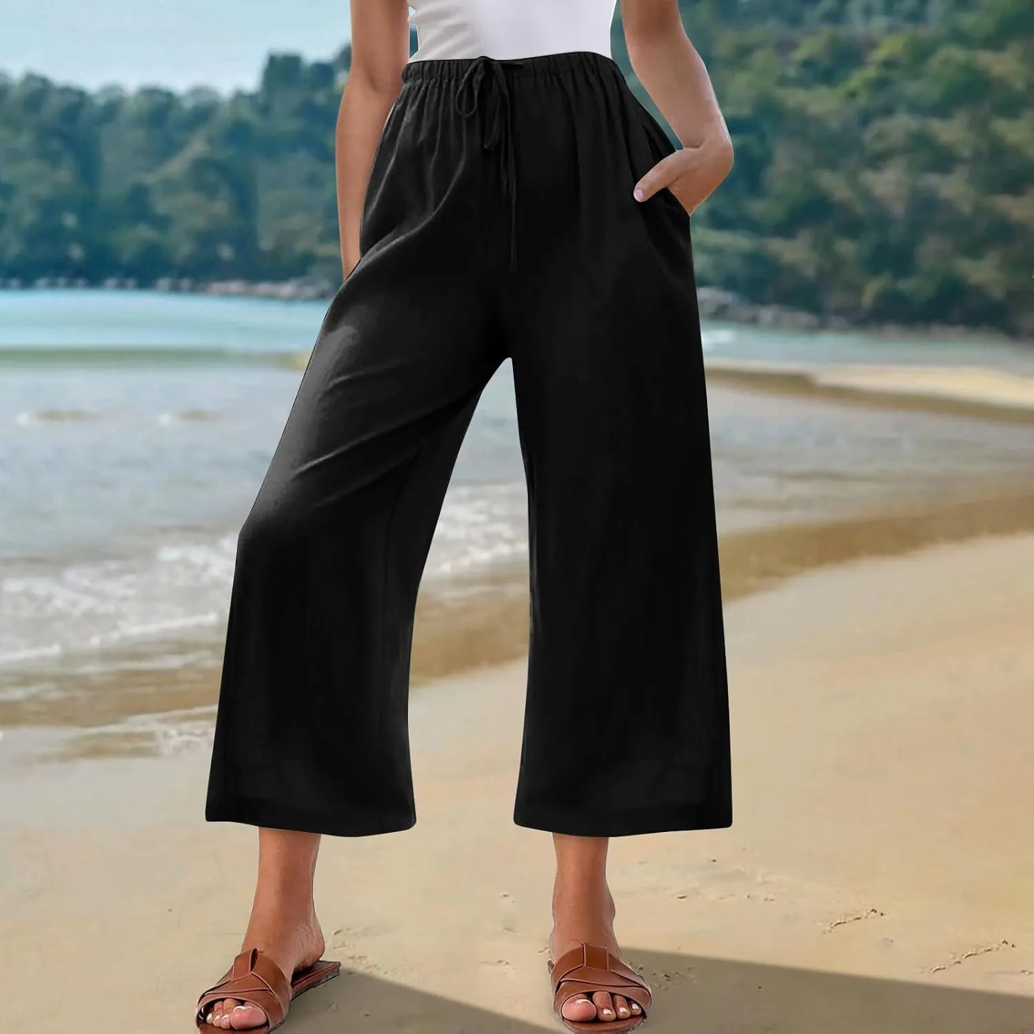 Capri Pants for Women High Waisted Wide Leg Linen Palazzo Trousers Summer Elastic Smock Waist Loose Flowy Pants