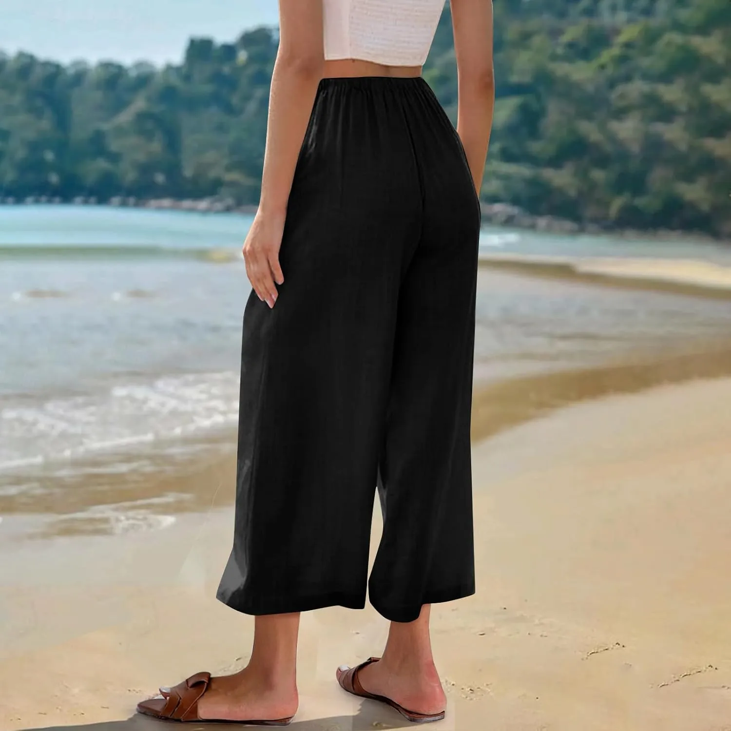 Capri Pants for Women High Waisted Wide Leg Linen Palazzo Trousers Summer Elastic Smock Waist Loose Flowy Pants
