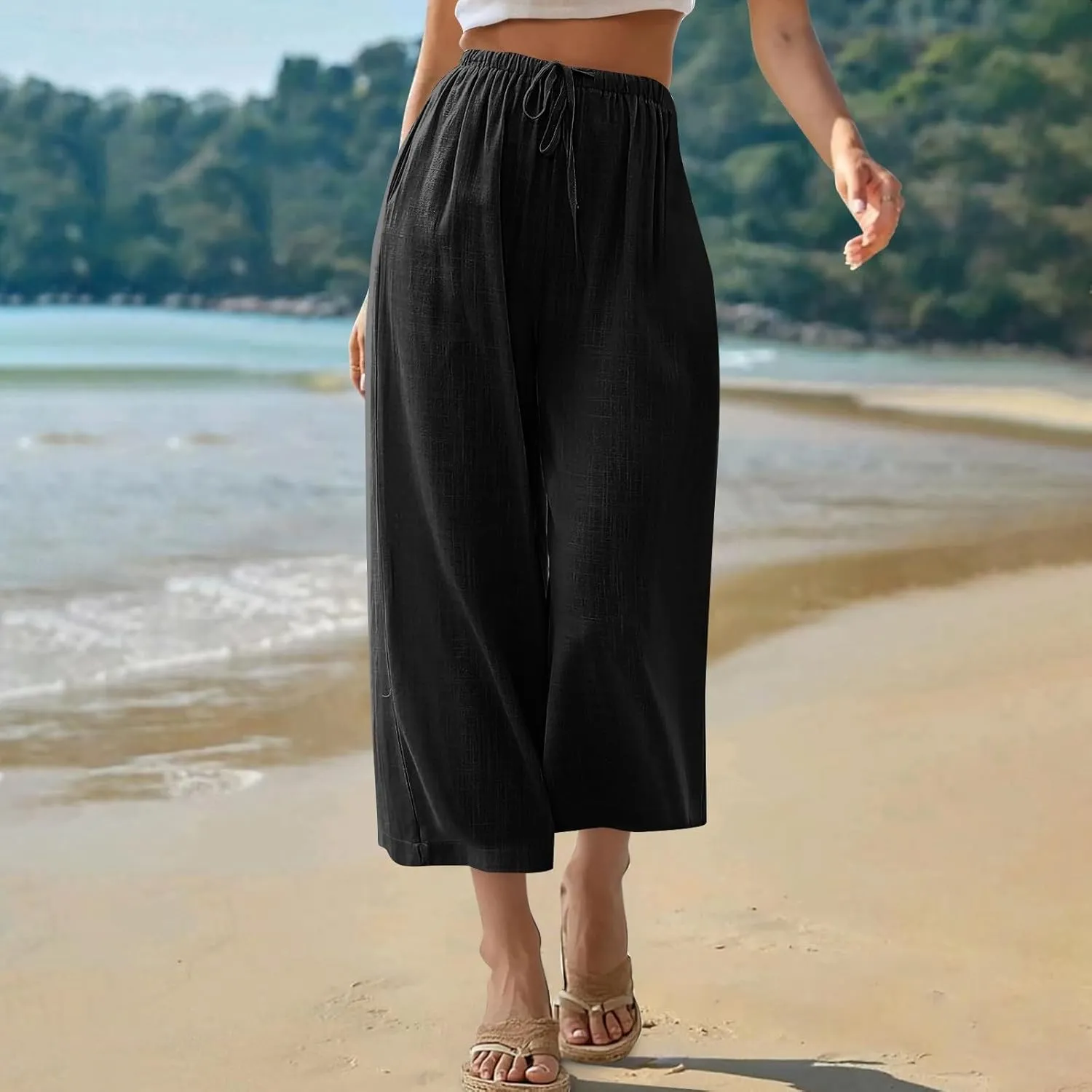Capri Pants for Women High Waisted Wide Leg Linen Palazzo Trousers Summer Elastic Smock Waist Loose Flowy Pants