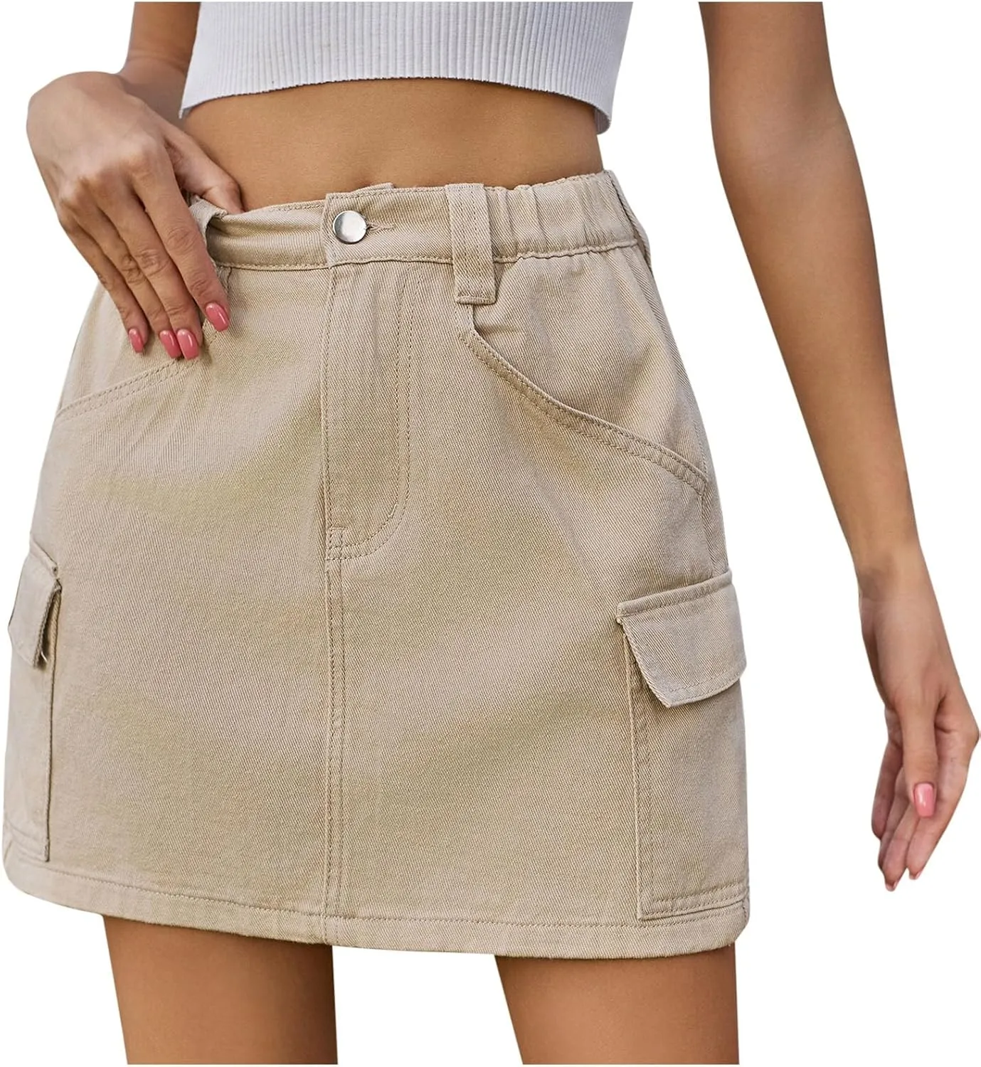 Casual Cargo Denim Skirt for Women High Waisted Jean Skirts Button Up Zipper Elastic Skirt Stretchy Elastic Skirts