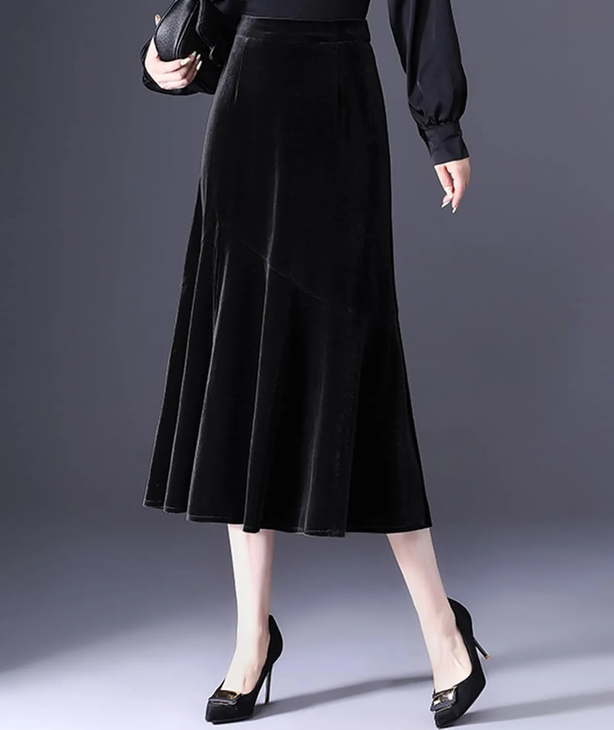 Casual High Waist Velvet Skirt for Women A-Line Elastic Waist Flare Pleated Side Split Midi Skirts