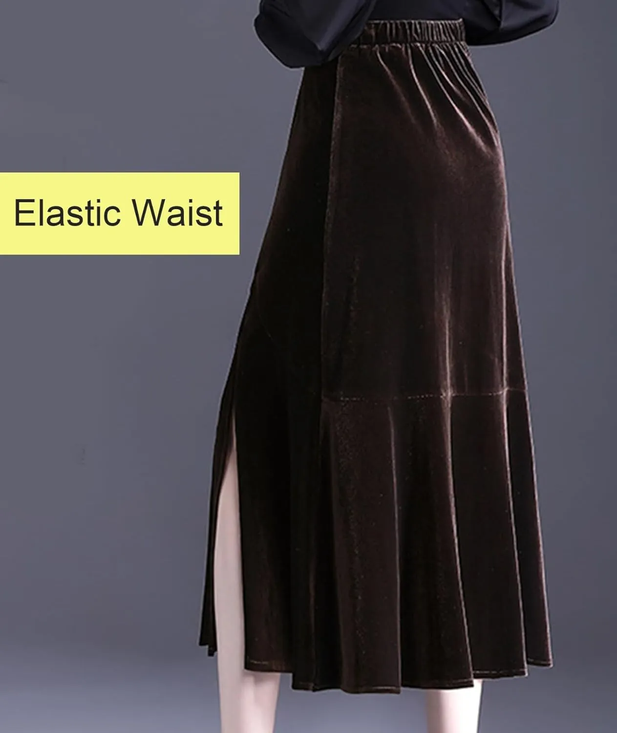 Casual High Waist Velvet Skirt for Women A-Line Elastic Waist Flare Pleated Side Split Midi Skirts