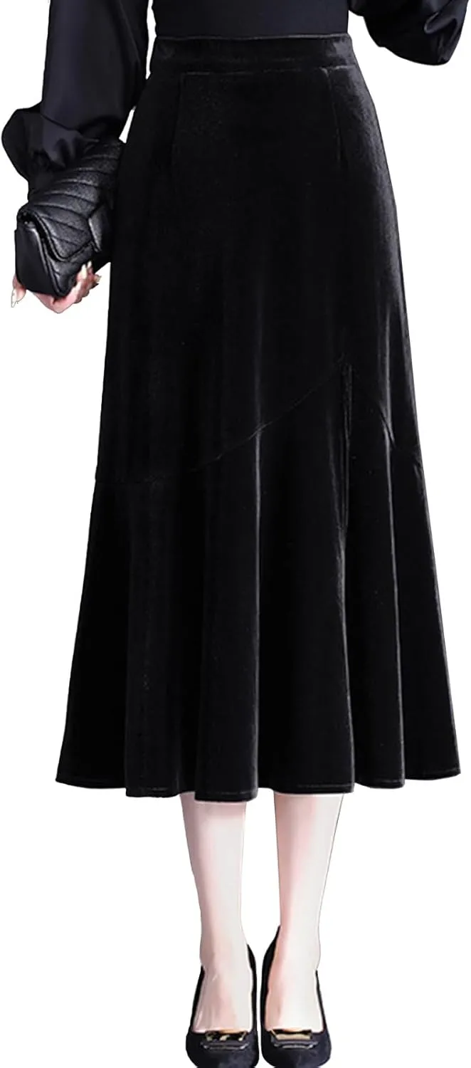 Casual High Waist Velvet Skirt for Women A-Line Elastic Waist Flare Pleated Side Split Midi Skirts