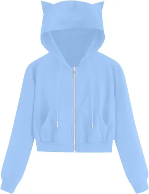 Cat Ear Hoodie Preppy Sweatshirt Womens SOlid Color Zipper Hooded Coats Pullover Long Sleeves Short Outwear Fall