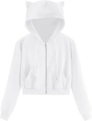 Cat Ear Hoodie Preppy Sweatshirt Womens SOlid Color Zipper Hooded Coats Pullover Long Sleeves Short Outwear Fall