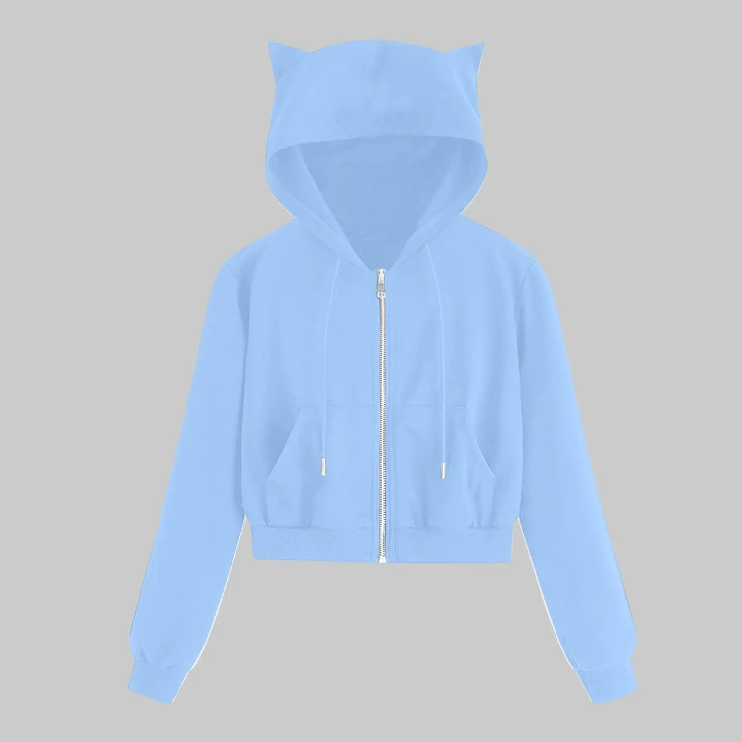 Cat Ear Hoodie Preppy Sweatshirt Womens SOlid Color Zipper Hooded Coats Pullover Long Sleeves Short Outwear Fall