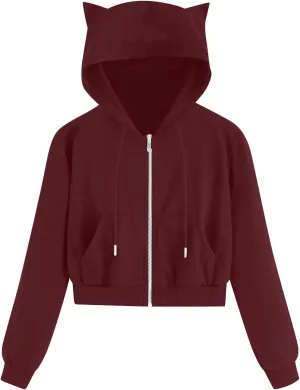 Cat Ear Hoodie Preppy Sweatshirt Womens SOlid Color Zipper Hooded Coats Pullover Long Sleeves Short Outwear Fall