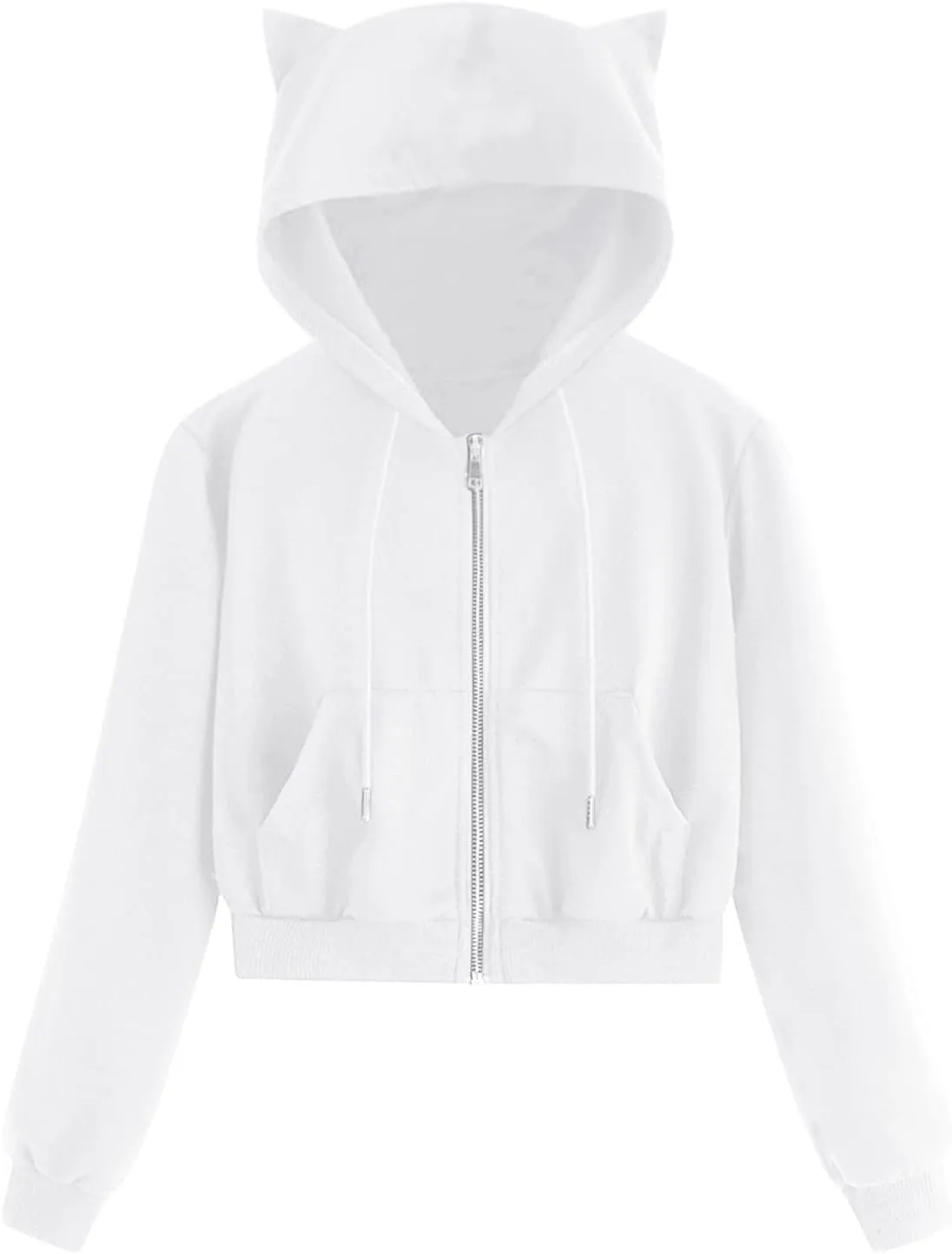Cat Ear Hoodie Preppy Sweatshirt Womens SOlid Color Zipper Hooded Coats Pullover Long Sleeves Short Outwear Fall