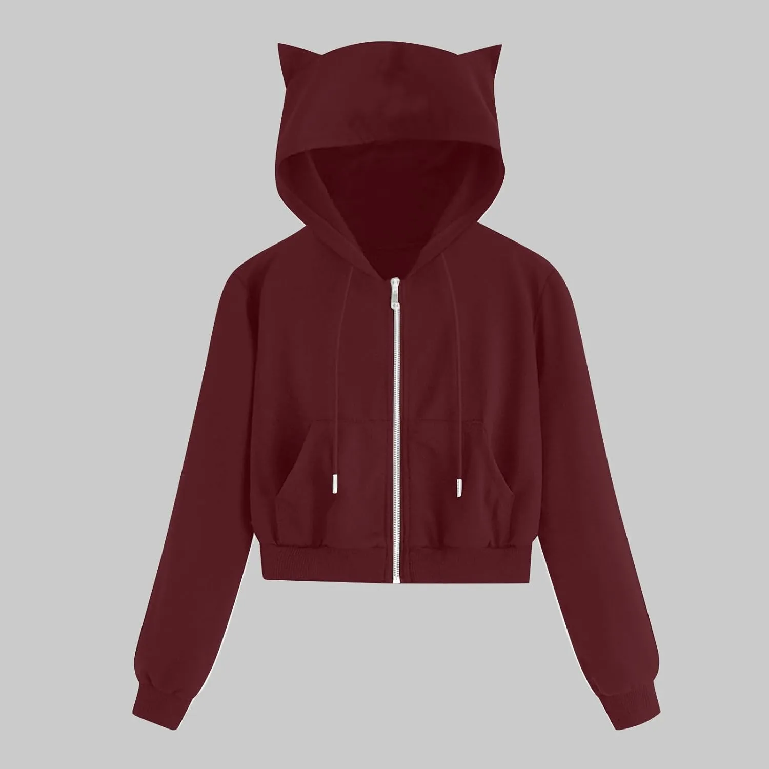 Cat Ear Hoodie Preppy Sweatshirt Womens SOlid Color Zipper Hooded Coats Pullover Long Sleeves Short Outwear Fall