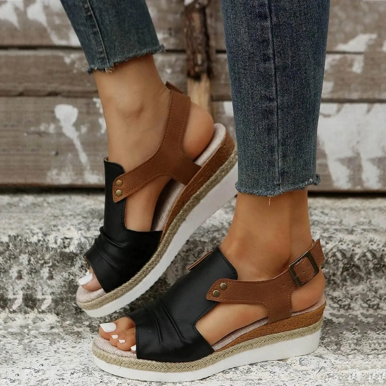 Cathalem Flat Sandals for Women, Orthopedic Platform Wedge Sandals for Women Open Toe Ankle Strap Espadrilles Sandals