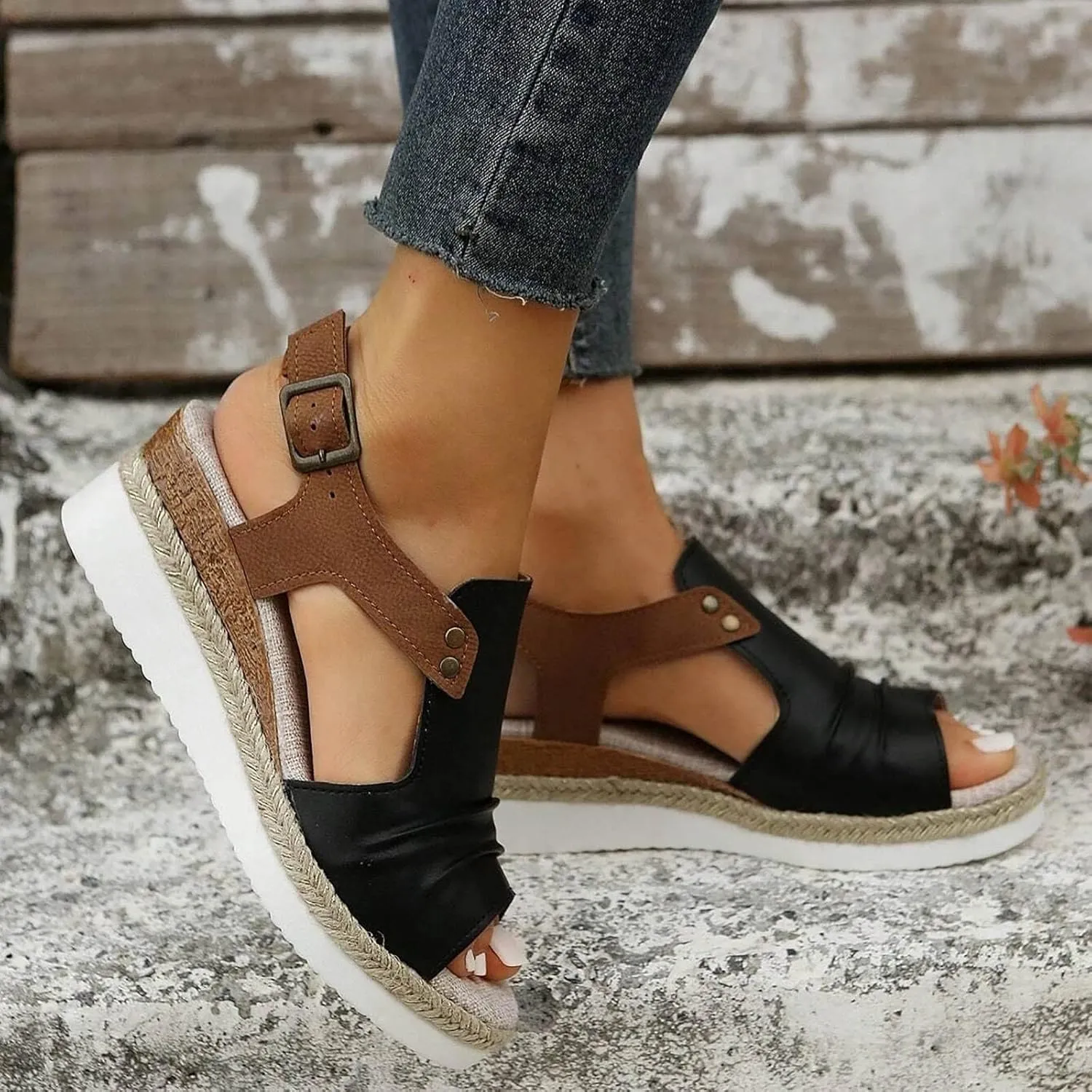 Cathalem Flat Sandals for Women, Orthopedic Platform Wedge Sandals for Women Open Toe Ankle Strap Espadrilles Sandals