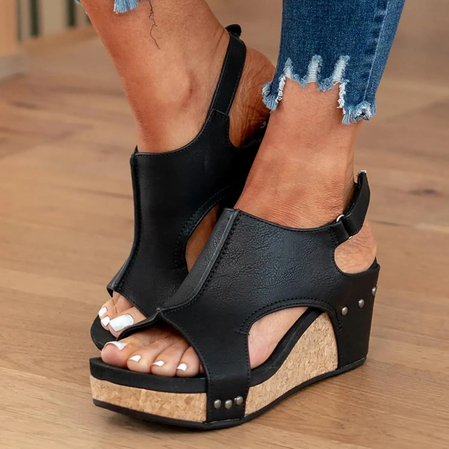 Cathalem Orthopedic Sandals for Women Buckle Ankle Strap Wedge Sandals Leather Sandals Casual Low Wedges Walking Sandals