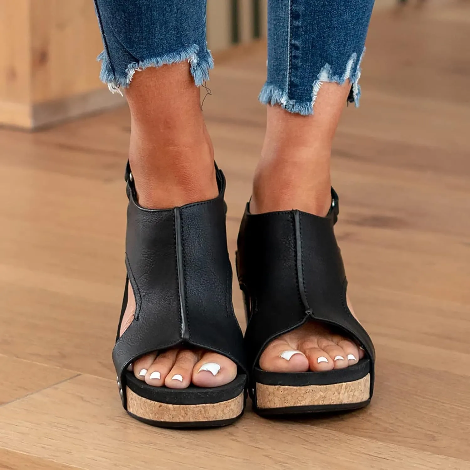 Cathalem Orthopedic Sandals for Women Buckle Ankle Strap Wedge Sandals Leather Sandals Casual Low Wedges Walking Sandals