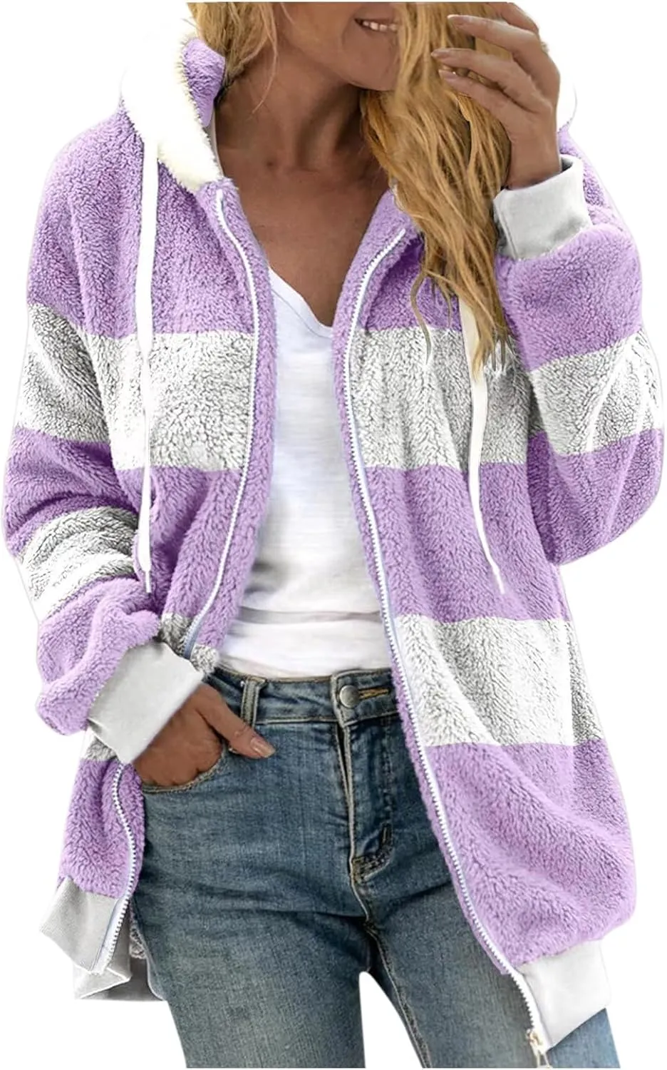 Ceboyel Teddy Coat For Women Hooded Fuzzy Sherpa Jacket Fleece Drawstring Zip Up Hoodie 2023 Trendy Winter Outerwear Clothes