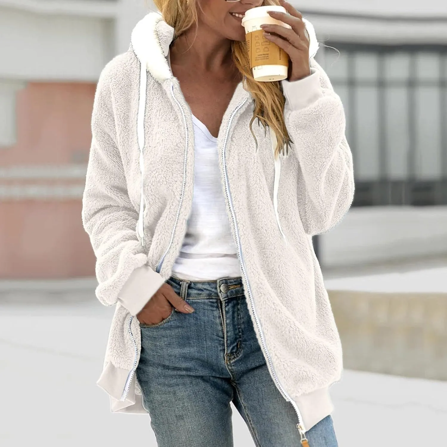 Ceboyel Teddy Coat For Women Hooded Fuzzy Sherpa Jacket Fleece Drawstring Zip Up Hoodie 2023 Trendy Winter Outerwear Clothes