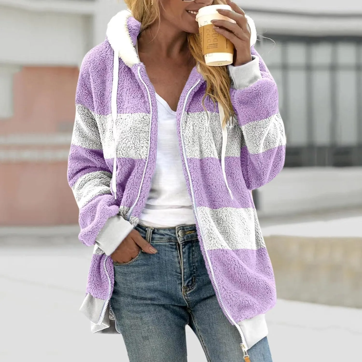 Ceboyel Teddy Coat For Women Hooded Fuzzy Sherpa Jacket Fleece Drawstring Zip Up Hoodie 2023 Trendy Winter Outerwear Clothes