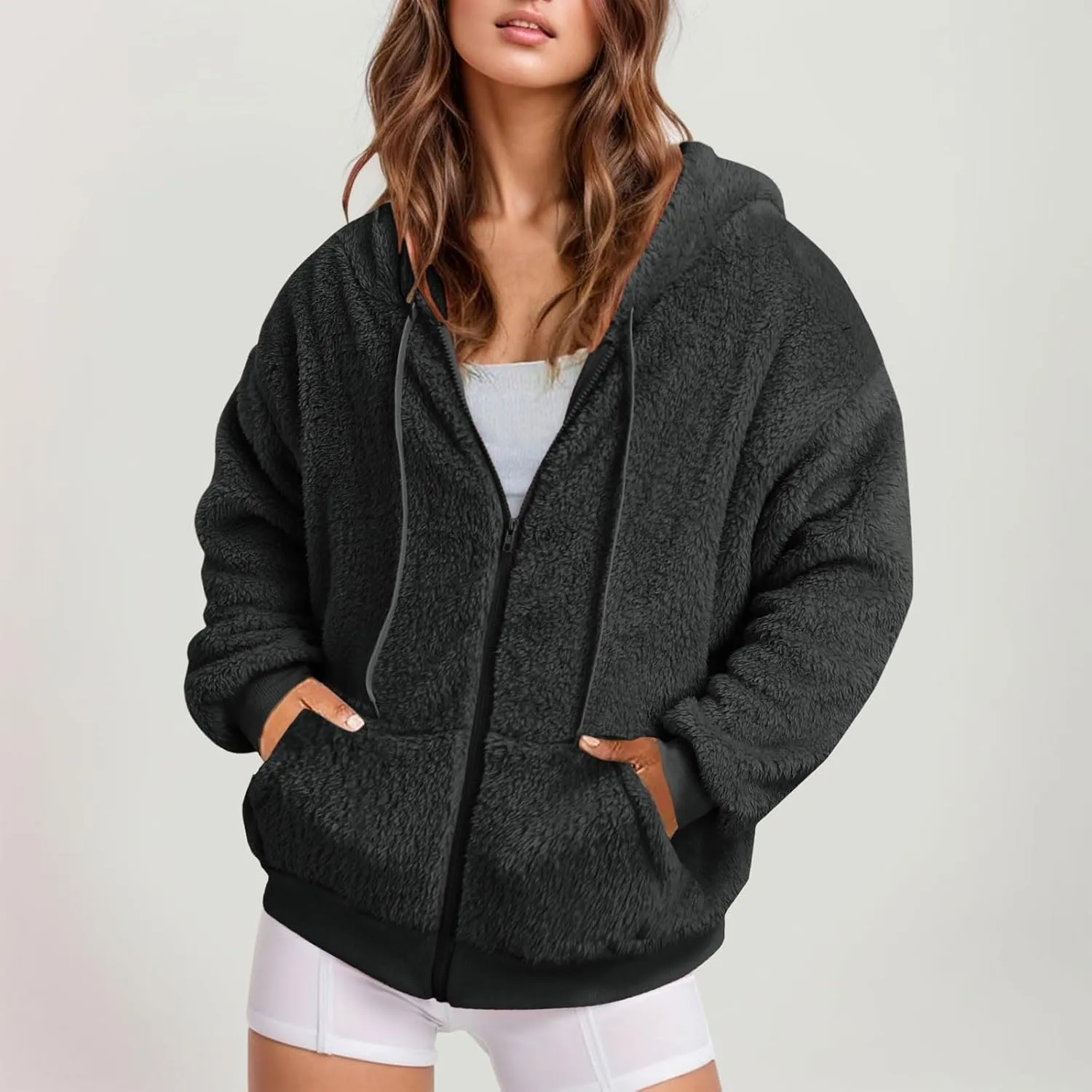 Ceboyel Women Fuzzy Fleece Jacket Faux Shearling Oversized Hoodie Coats Full Zip Up Hooded Teddy Coat Trendy Winter Outwear
