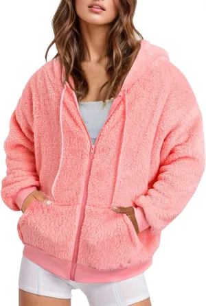 Ceboyel Women Fuzzy Fleece Jacket Faux Shearling Oversized Hoodie Coats Full Zip Up Hooded Teddy Coat Trendy Winter Outwear
