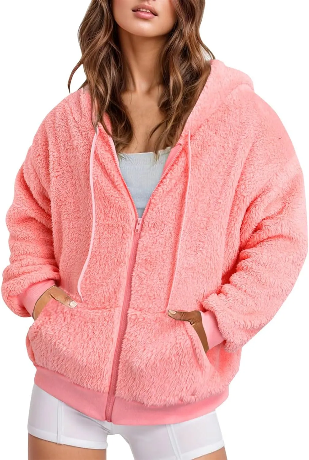 Ceboyel Women Fuzzy Fleece Jacket Faux Shearling Oversized Hoodie Coats Full Zip Up Hooded Teddy Coat Trendy Winter Outwear