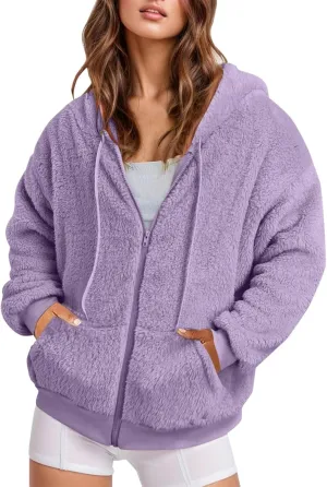Ceboyel Women Fuzzy Fleece Jacket Faux Shearling Oversized Hoodie Coats Full Zip Up Hooded Teddy Coat Trendy Winter Outwear