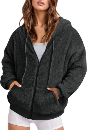 Ceboyel Women Fuzzy Fleece Jacket Faux Shearling Oversized Hoodie Coats Full Zip Up Hooded Teddy Coat Trendy Winter Outwear