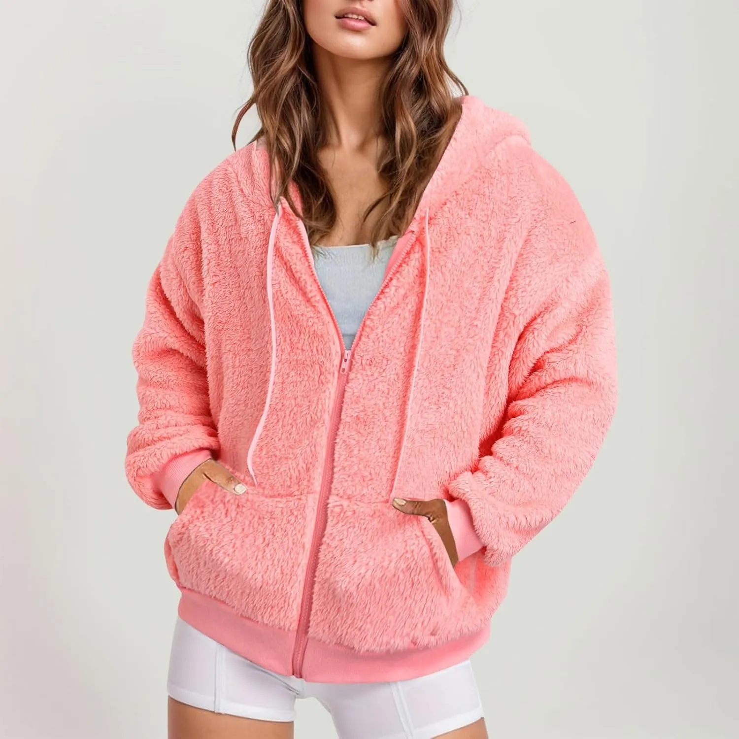 Ceboyel Women Fuzzy Fleece Jacket Faux Shearling Oversized Hoodie Coats Full Zip Up Hooded Teddy Coat Trendy Winter Outwear