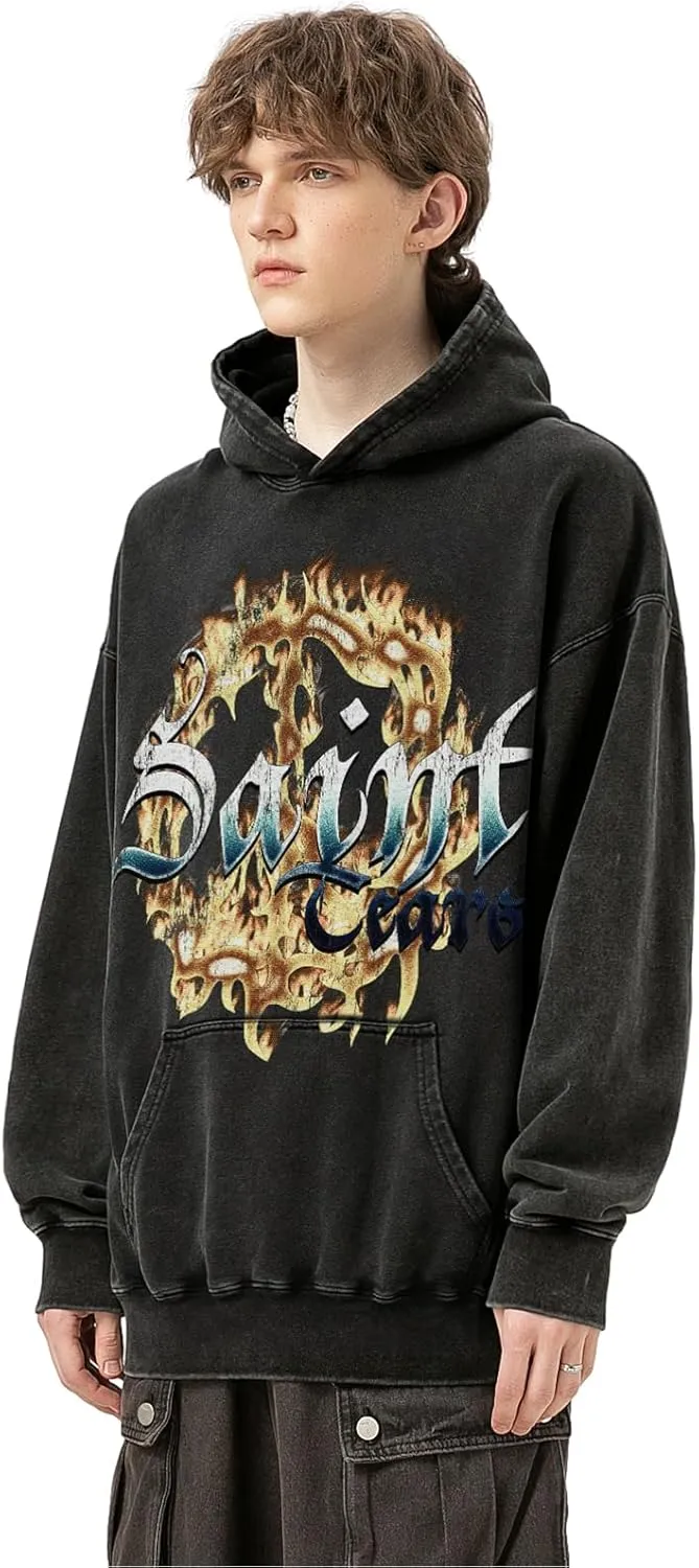Chainsaw Man Oversized Hoodie Heavyweight Vintage Washed Streetwear Flame Graphic Hoodies Pullover with Pockets