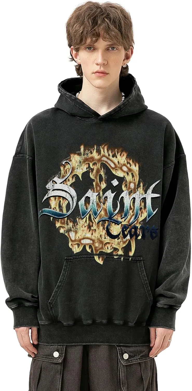 Chainsaw Man Oversized Hoodie Heavyweight Vintage Washed Streetwear Flame Graphic Hoodies Pullover with Pockets