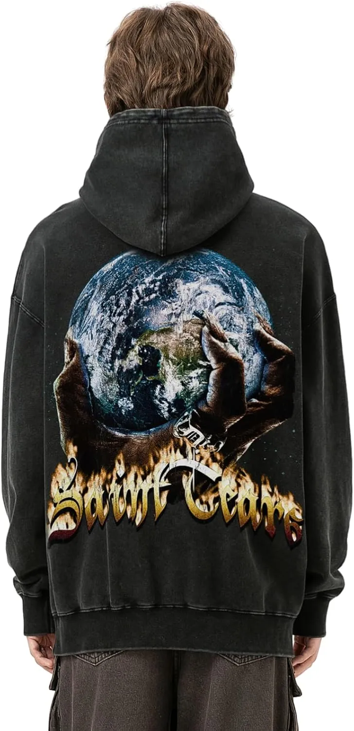 Chainsaw Man Oversized Hoodie Heavyweight Vintage Washed Streetwear Flame Graphic Hoodies Pullover with Pockets