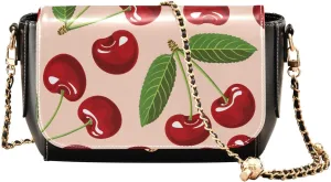 Cherry on Pink Background Crossbody Bags for Women, Trendy Small Shoulder Bag, PU Leather Clutch Purse Underarm Handbag Satchel HandBag with Adjustable Metal Chain