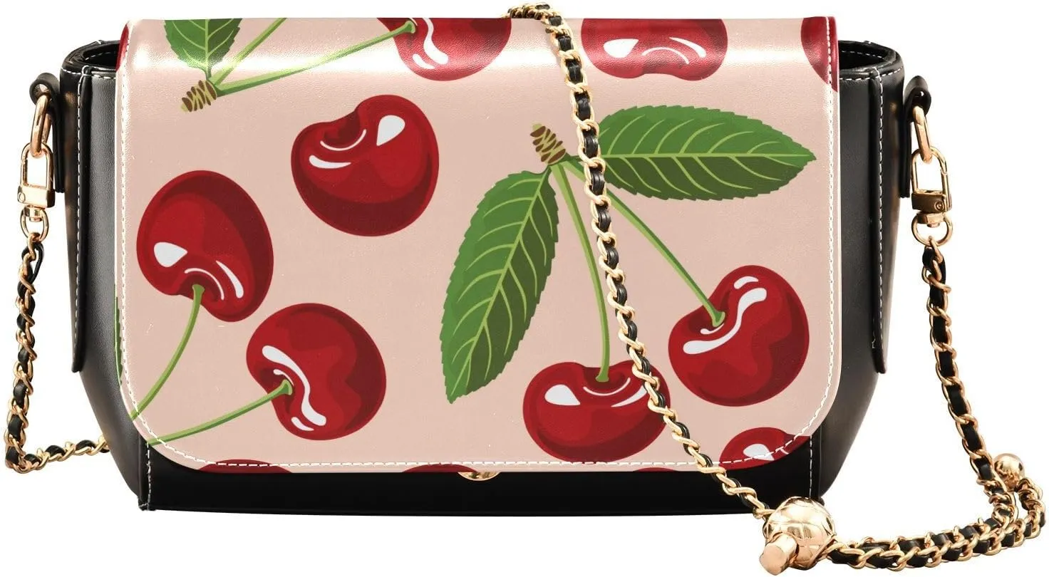 Cherry on Pink Background Crossbody Bags for Women, Trendy Small Shoulder Bag, PU Leather Clutch Purse Underarm Handbag Satchel HandBag with Adjustable Metal Chain