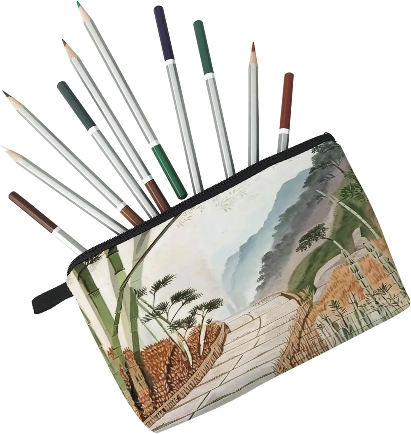 Chinese Painting Bamboo Cosmetic Bag for Women Small Makeup Organizer Pouch with Zipper Traditional Chinese Painting Bamboo Toiletry Makeup Bag Presents for Women Friends