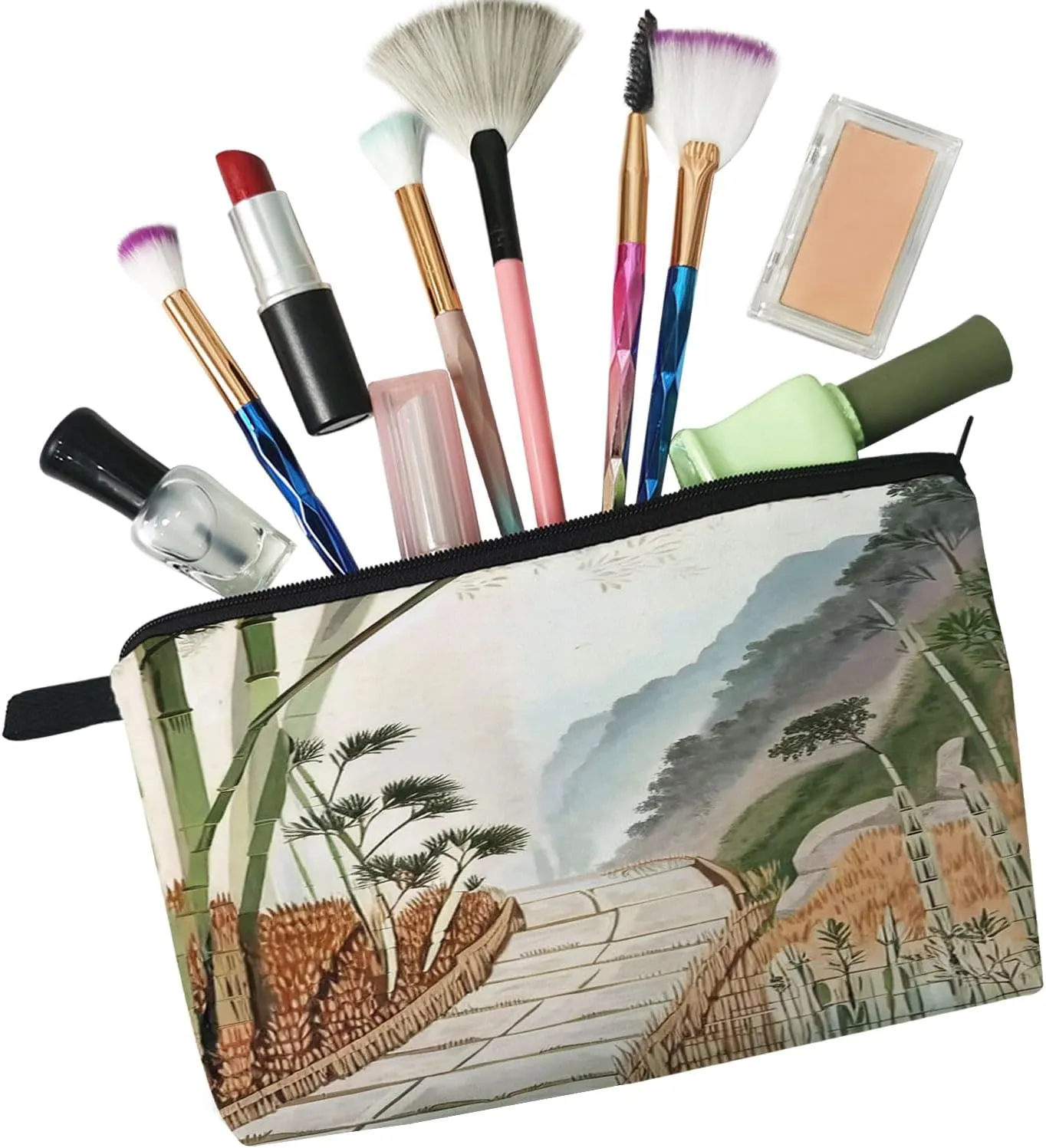 Chinese Painting Bamboo Cosmetic Bag for Women Small Makeup Organizer Pouch with Zipper Traditional Chinese Painting Bamboo Toiletry Makeup Bag Presents for Women Friends