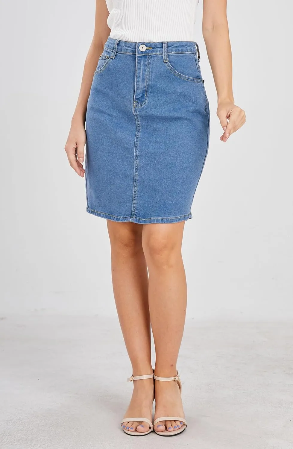chouyatou Women's Basic Five-Pocket Rugged Wear Denim Pencil Skirt with Slit