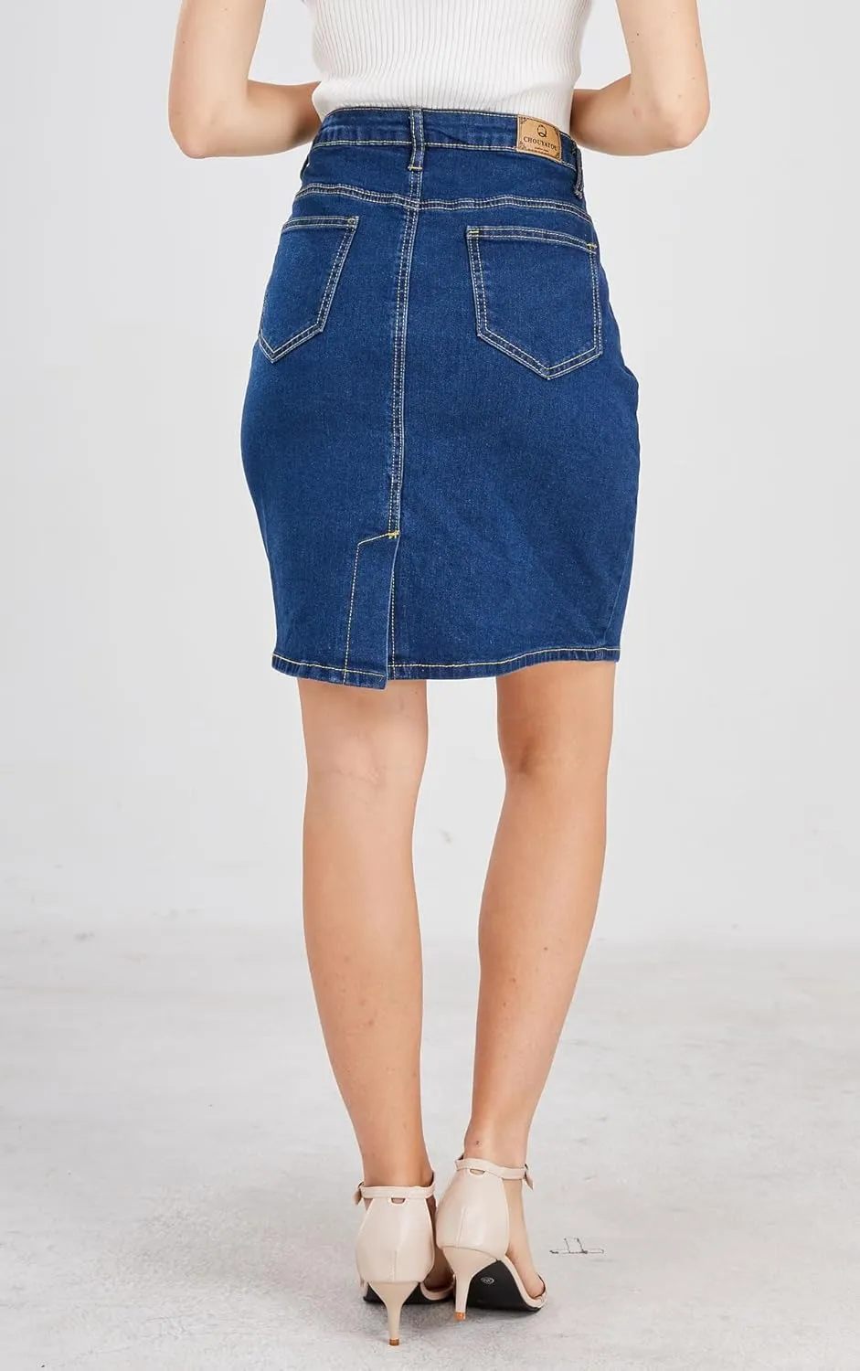 chouyatou Women's Basic Five-Pocket Rugged Wear Denim Pencil Skirt with Slit