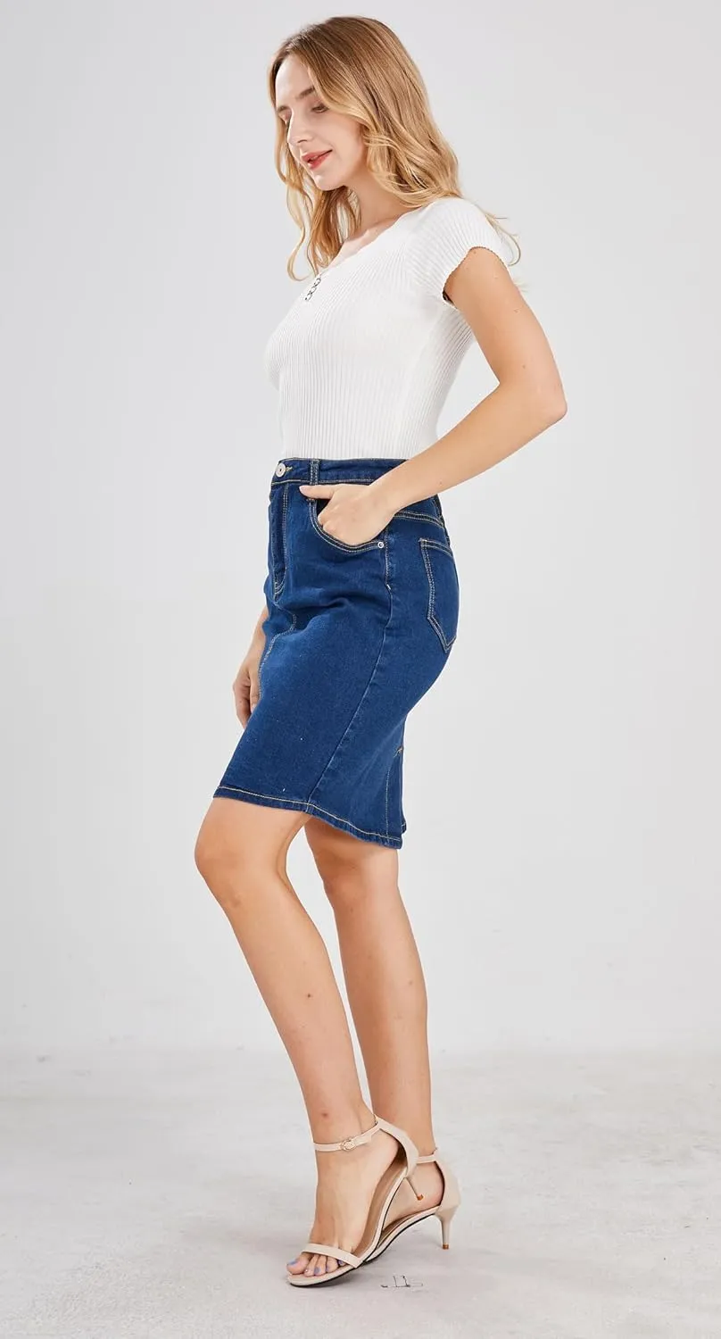chouyatou Women's Basic Five-Pocket Rugged Wear Denim Pencil Skirt with Slit