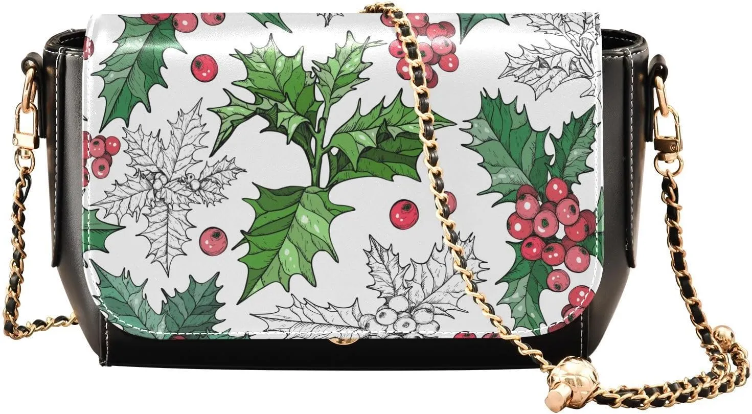 Christmas Flowers Poinsettia Crossbody Bags for Women, Trendy Small Shoulder Bag, PU Leather Clutch Purse Underarm Handbag Satchel HandBag with Adjustable Metal Chain