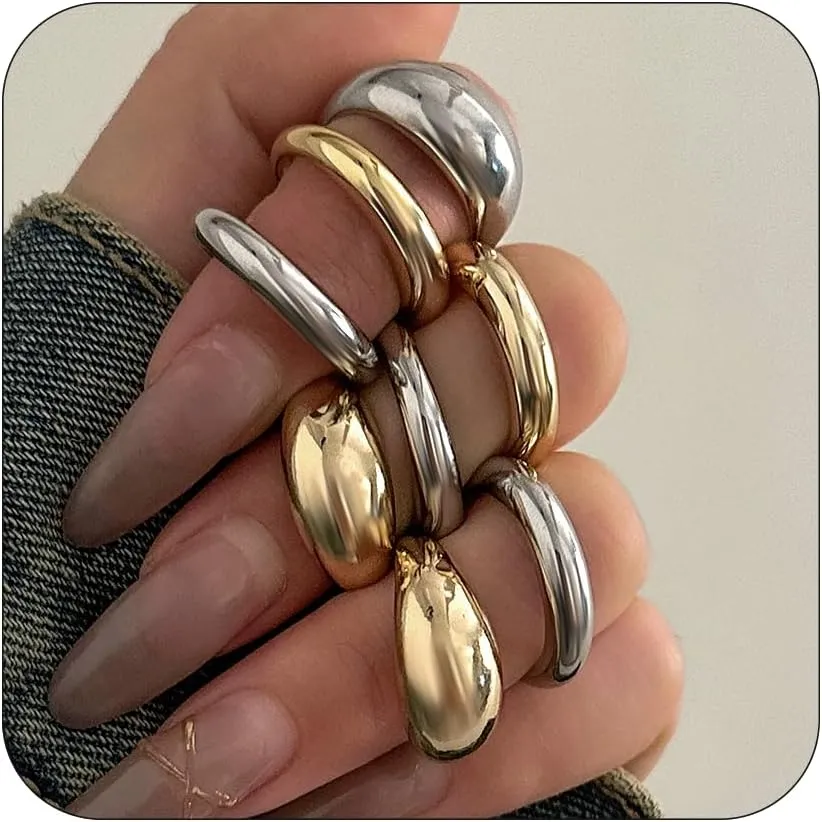 CJIAYUJEW Chunky Gold Rings for Wome Adjustable Silver Bold Thick Rings Chunky Minimalist Silver Rings Band Stackable Statement Jewelry