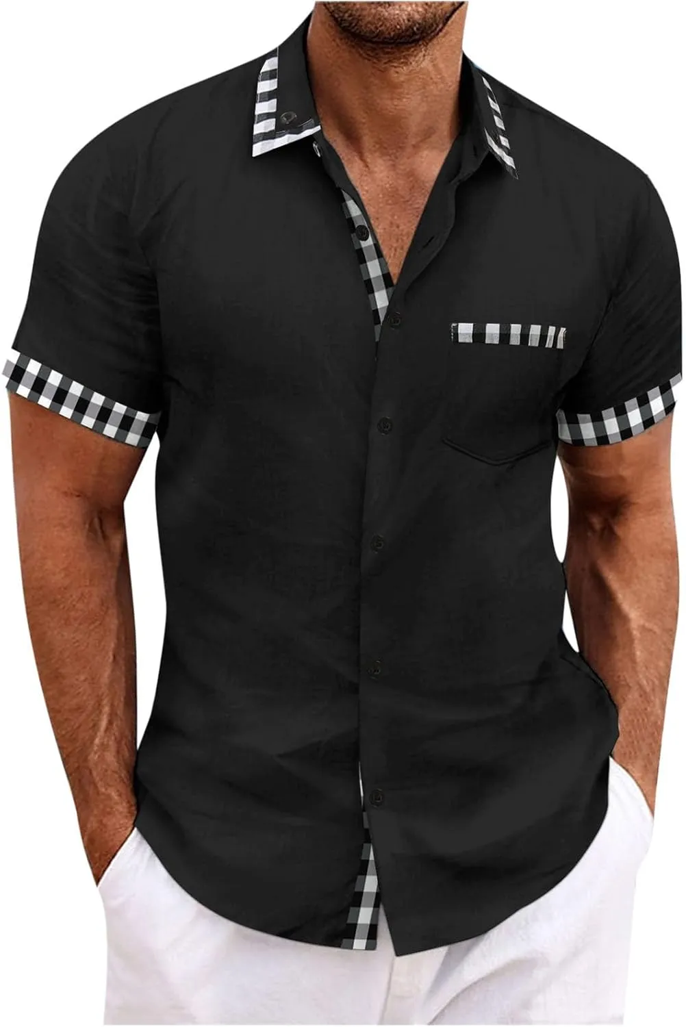 Color Block Plaid Shirts for Men Fashion Cotton Linen Short Sleeve Tops Casual Summer Button Down Blouse with Pocket