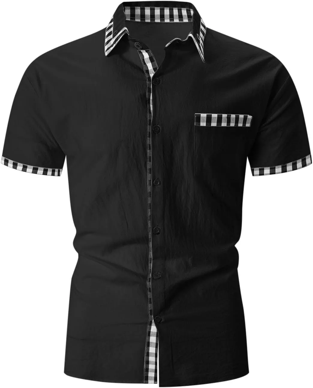 Color Block Plaid Shirts for Men Fashion Cotton Linen Short Sleeve Tops Casual Summer Button Down Blouse with Pocket