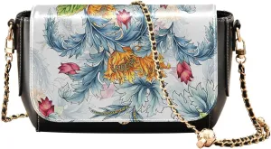 Colorful Abstract Floral Leafs Crossbody Bags for Women, Trendy Small Shoulder Bag, PU Leather Clutch Purse Underarm Handbag Satchel HandBag with Adjustable Metal Chain