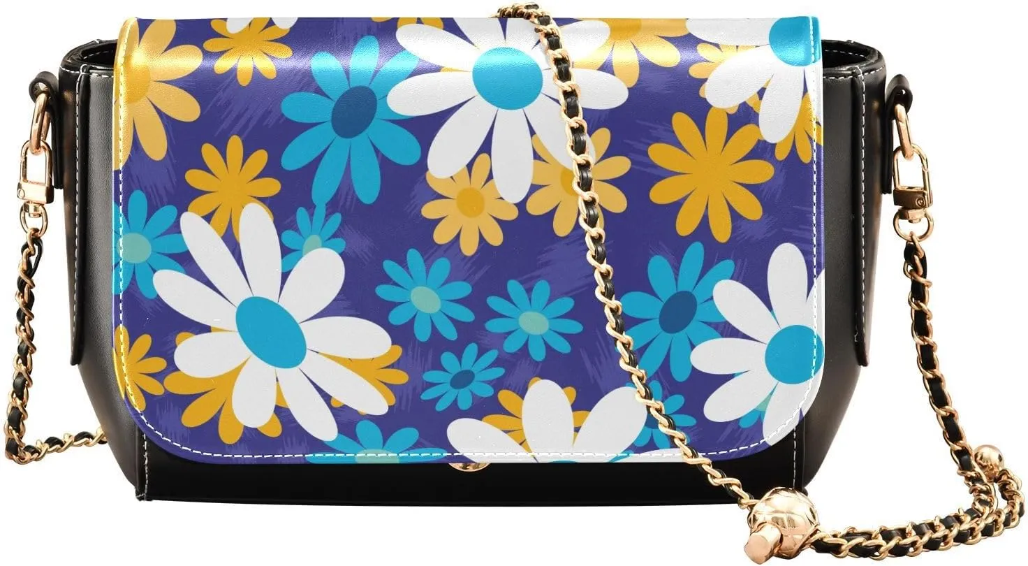 Colorful Chamomile Flowers Crossbody Bags for Women, Trendy Small Shoulder Bag, PU Leather Clutch Purse Underarm Handbag Satchel HandBag with Adjustable Metal Chain