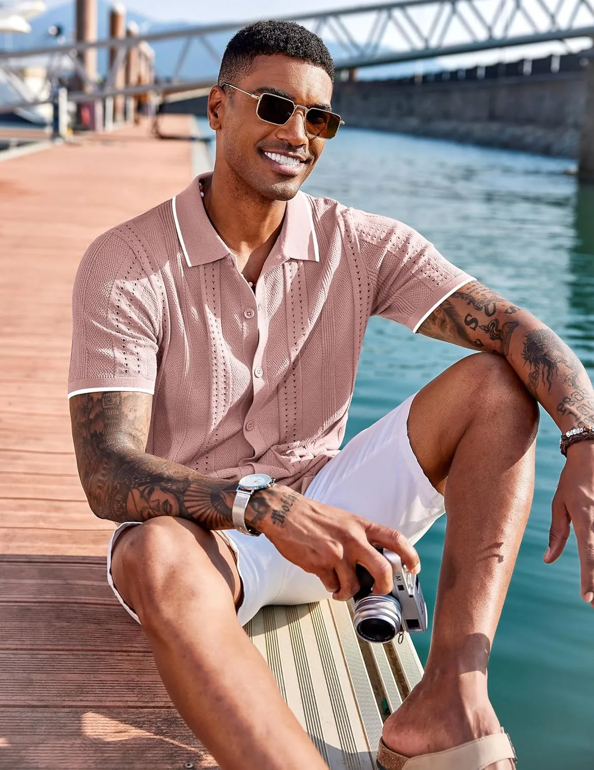 COOFANDY Men's Knit Shirts Short Sleeve Button Down Polo Shirt Fashion Casual Summer Beach Shirts