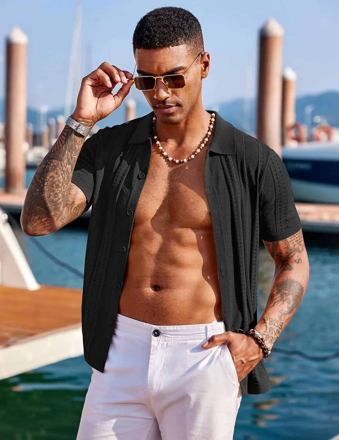 COOFANDY Men's Knit Shirts Short Sleeve Button Down Polo Shirt Fashion Casual Summer Beach Shirts