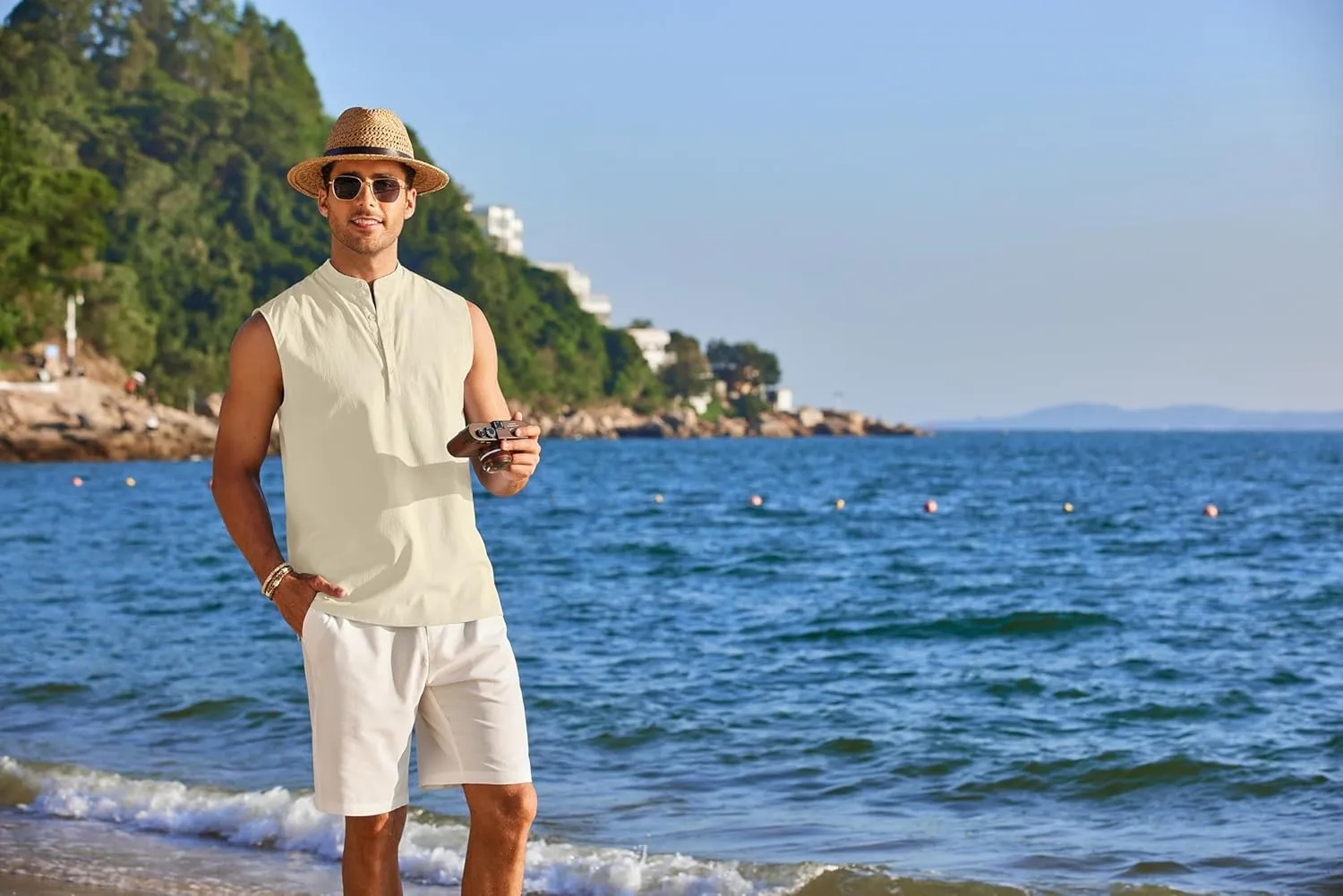 COOFANDY Sleeveless Beach Shirts for Men Summer Tank Shirts Casual Henley Tank Top