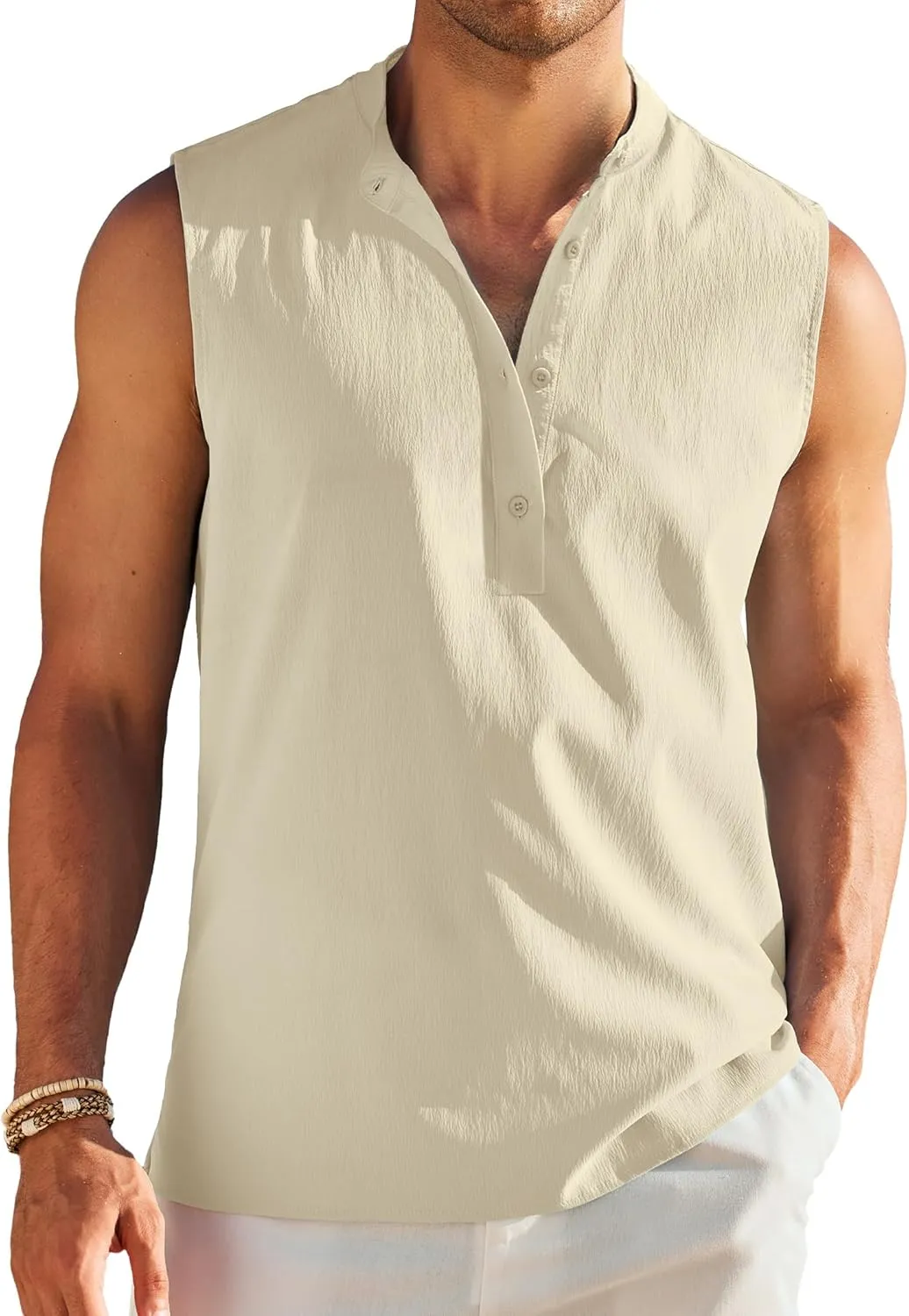 COOFANDY Sleeveless Beach Shirts for Men Summer Tank Shirts Casual Henley Tank Top