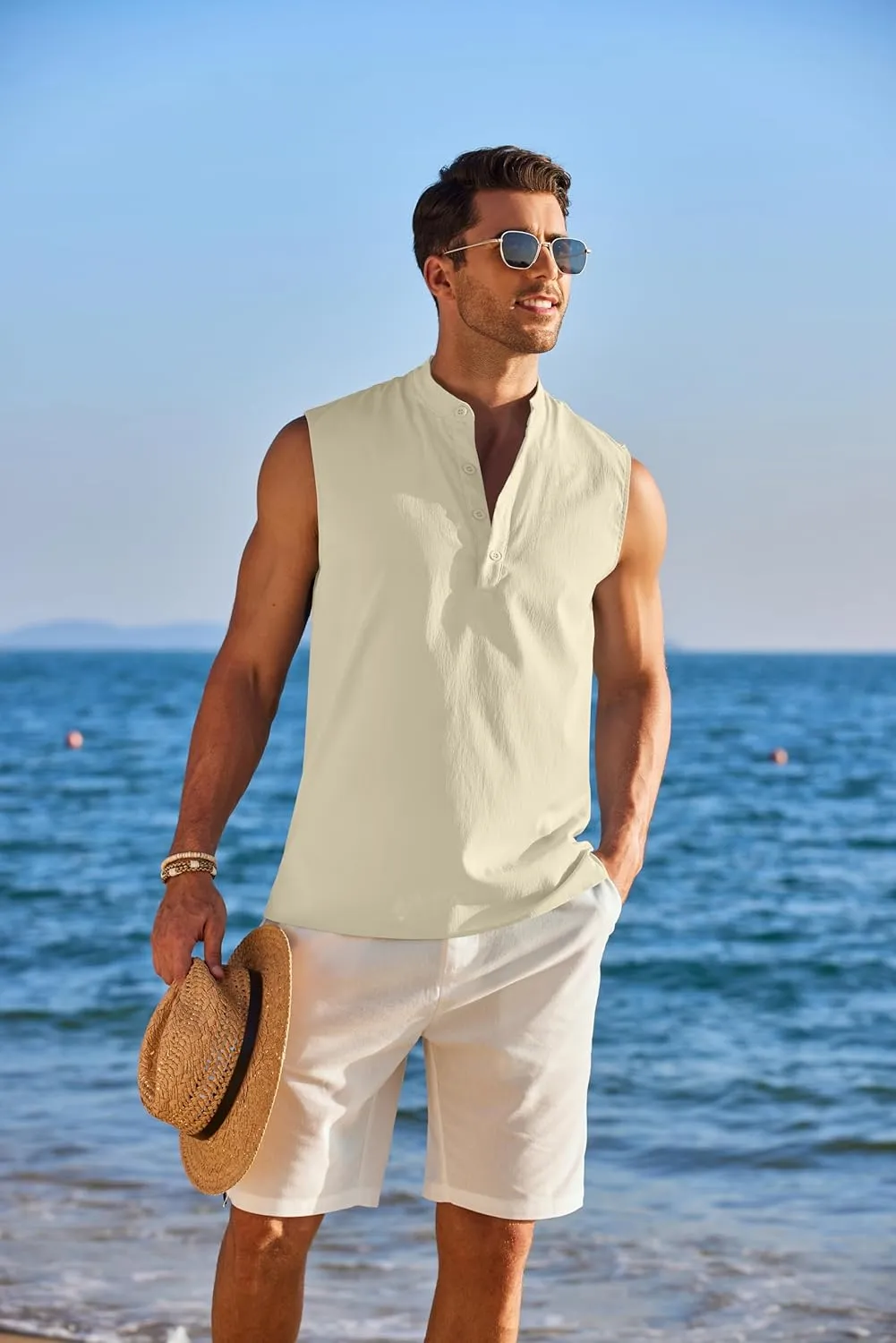 COOFANDY Sleeveless Beach Shirts for Men Summer Tank Shirts Casual Henley Tank Top