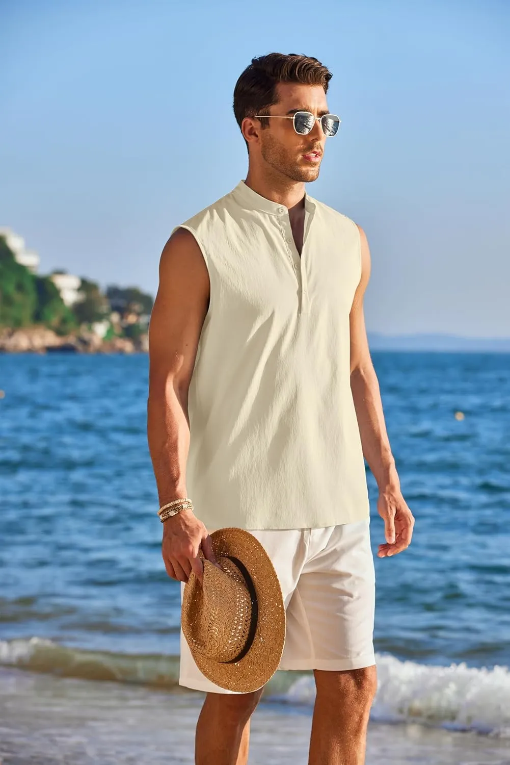 COOFANDY Sleeveless Beach Shirts for Men Summer Tank Shirts Casual Henley Tank Top