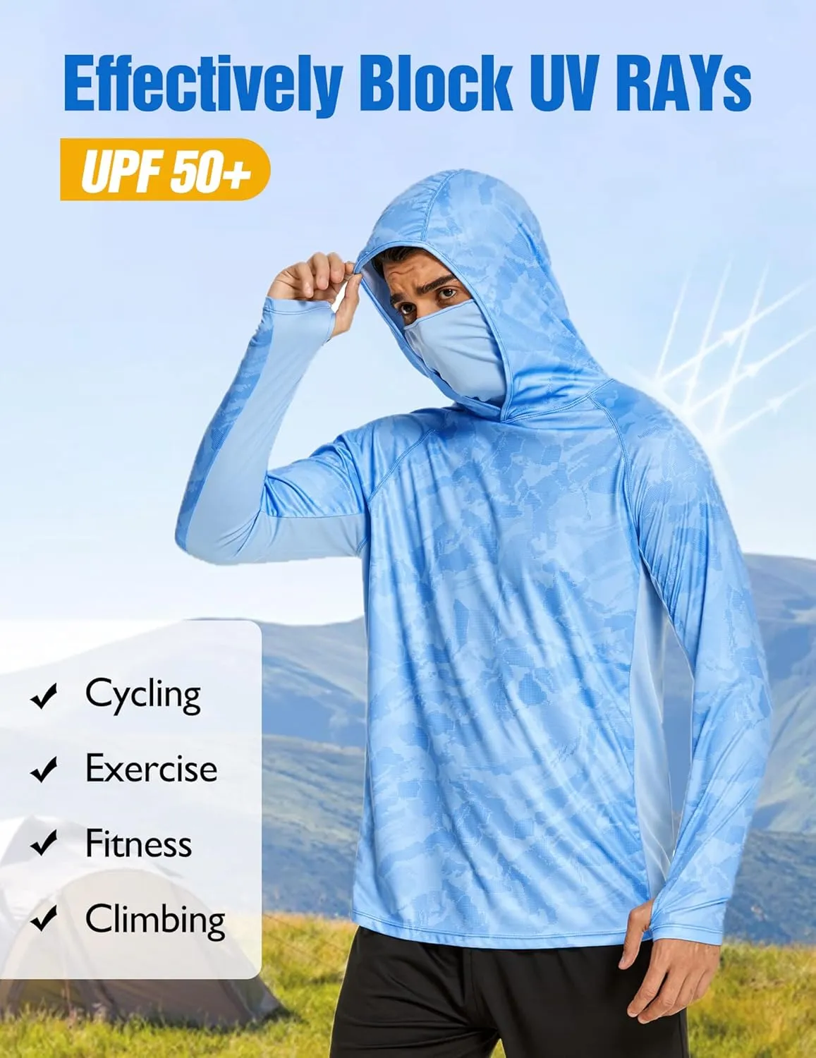 COOrun Men's Hooded Sun Shirts with Mask Fishing Shirts for Men Long Sleeve UPF 50 Rash Guards Cooling Hoodies Hiking Shirts