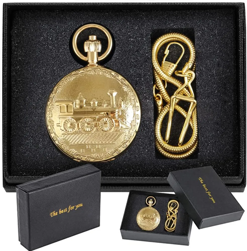 Copper Pocket Watch Steampunk Mechanical London Hand Wind Mens Watches with Chains & Boxs